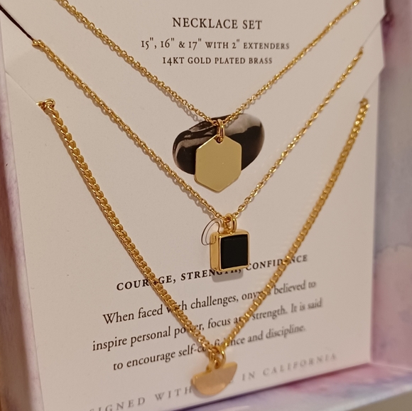 3 NECKLACES LUNA NORTE HEALING GEMSTONE BLACK ONYX PENDANT GEOMETRIC NECKLACES - Picture 4 of 7